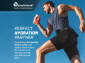 Man running with a sports drink, promoting 'Perfect Hydration Partner' with text about amino acids and electrolytes.