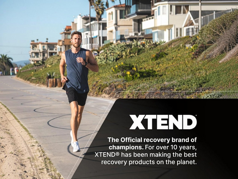 Man running on a path with a scenic background, featuring the XTEND brand.