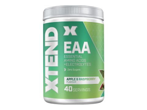 Green and white container of XTEND EAA supplement on a white background