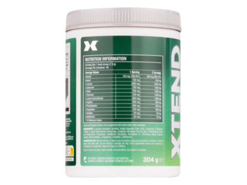 Container of XTEND supplement with green label and white lid on a white background
