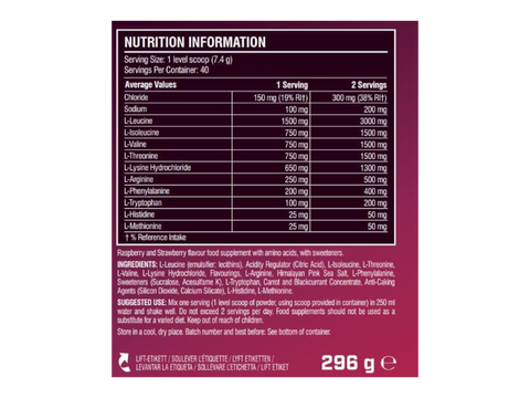 Nutrition information label on a supplement package with white background