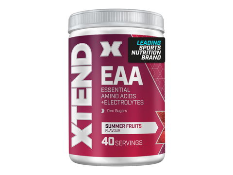 Container of Xtend EAA supplement with a red and white design on a white background