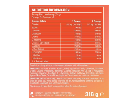 Nutrition information label on a supplement package with an orange background.