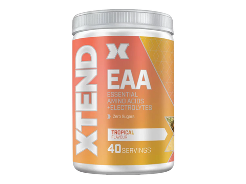 Container of XTEND EAA supplement with a tropical flavor on a white background