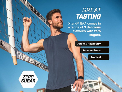 Man in athletic wear standing next to a volleyball net with promotional text about Xtend EAA.