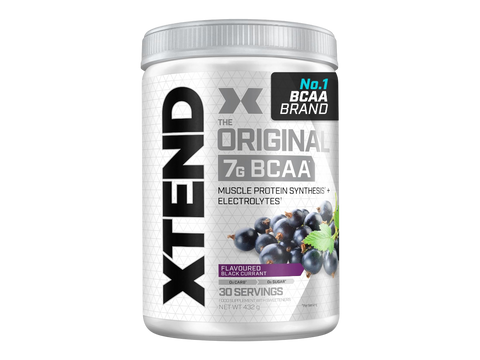 Container of XTEND BCAA supplement with black current flavor on a white background