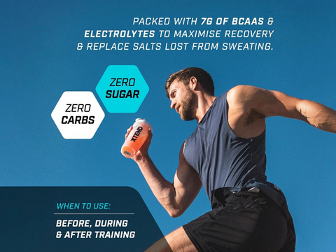Person holding a supplement bottle with text about nutritional benefits on a blue background