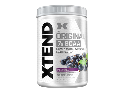 Container of XTEND BCAA supplement with black currant flavor on a white background