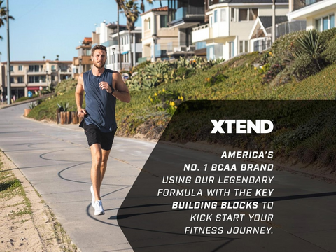 Man running on a sidewalk with 'XTEND' branding and text overlay.