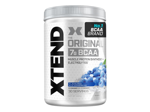 Container of XTEND BCAA supplement with blue raspberry flavor on a white background