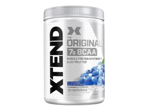 Container of XTEND BCAA supplement with blueberry flavor on a white background