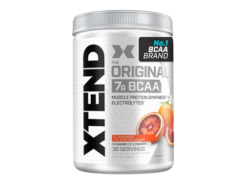 Container of Xtend BCAA supplement with blood orange flavor on a white background