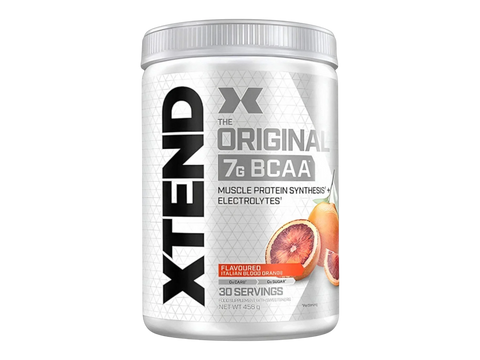 Container of XTEND BCAA supplement with blood orange flavor on a white background