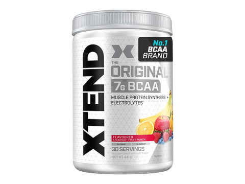 Container of XTEND BCAA supplement with fruit flavor on a white background