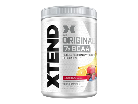 Container of XTEND BCAA supplement on a white background