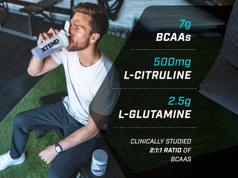 Man drinking a supplement shake with nutritional information displayed on screen