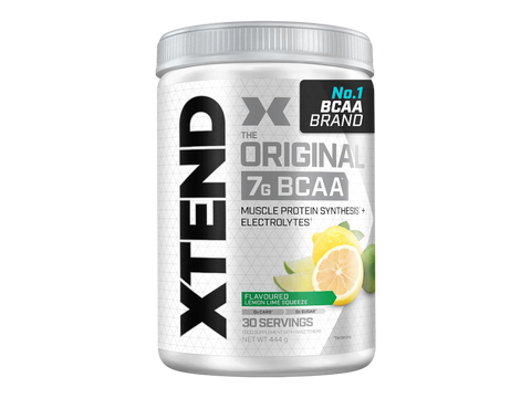 Container of Xtend BCAA supplement with lemon lime flavor on a white background