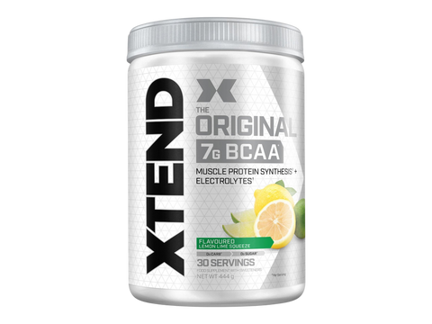 Container of XTEND BCAA supplement with lemon lime flavor on a white background
