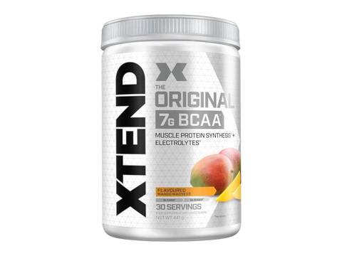 Container of XTEND BCAA supplement with fruit flavor on a white background