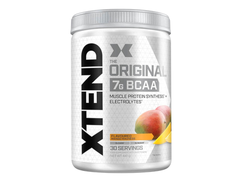 Container of XTEND BCAA supplement with a white background