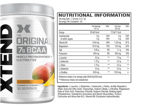 Container of XTEND 7g BCAA supplement with nutritional information label.