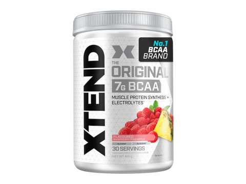 Container of XTEND BCAA supplement with fruit illustration on a white background