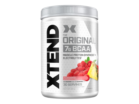 Container of XTEND BCAA supplement with raspberry pineapple flavor on a white background
