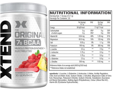 Container of XTEND BCAA supplement with nutritional information label