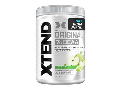 Container of XTEND BCAA supplement with green apple flavor on a white background