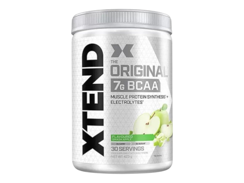 Container of XTEND BCAA supplement with green apple flavor on a white background