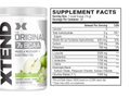 Supplement container with 'XTEND' branding and supplement facts label on a white background
