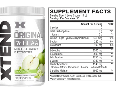 Supplement container with 'XTEND' branding and supplement facts label on a white background