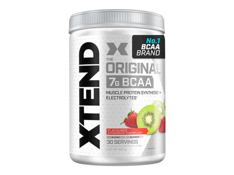 Container of XTEND BCAA supplement with fruit illustration on a white background