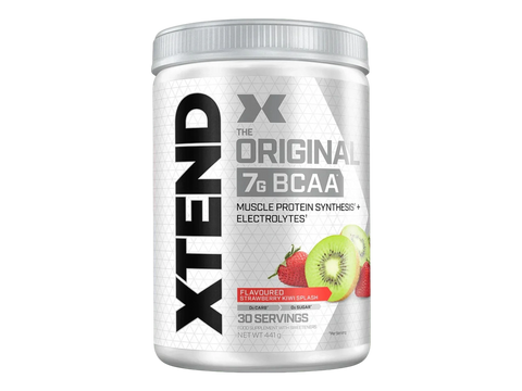 Container of XTEND BCAA supplement with fruit graphics on a white background