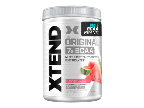 Container of Xtend BCAA supplement with watermelon flavor on a white background