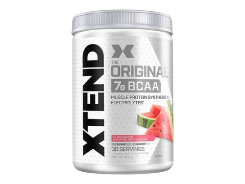 Container of XTEND BCAA supplement with watermelon flavor on a white background