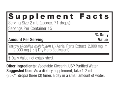 Supplement facts label for Yarrow extract dietary supplement on a white background