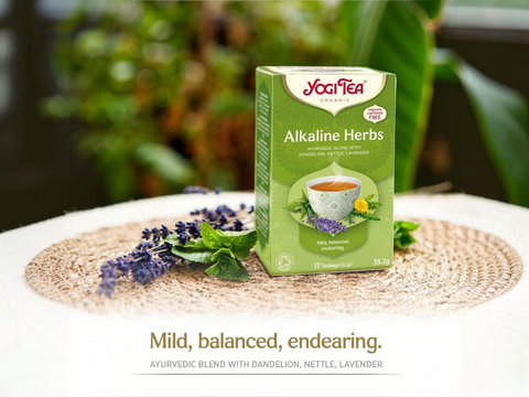 Yogi Tea Alkaline Herbs packaging on a table with a blurred green background