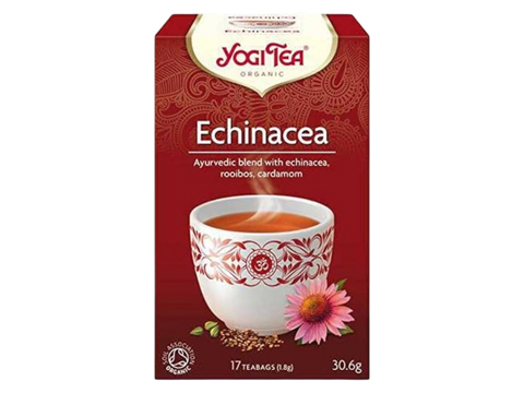 Yogi Tea Echinacea tea box with a cup and flower on a white background