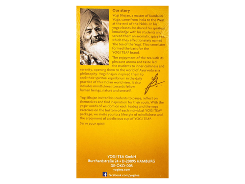 YOGI TEA product packaging with text and branding on a yellow background