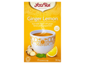 Yogi Tea Ginger Lemon package with a cup of tea and ingredients on a yellow background