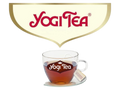 Yogi Tea logo with a clear glass cup of tea and a tea bag on a white background
