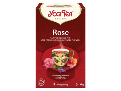 Yogi Tea Rose tea box with a red background