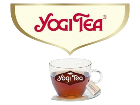Yogi Tea logo with a clear glass cup of tea and a tea bag on a white background