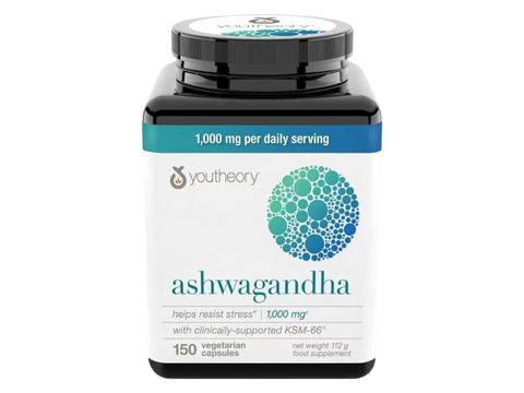 Youtheory ashwagandha supplement bottle on a white background