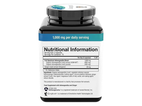 Nutritional information label on a supplement container with blue and black design.