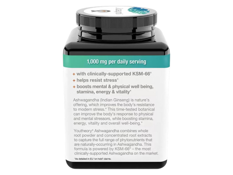 Supplement container with text about Ashwagandha and its benefits