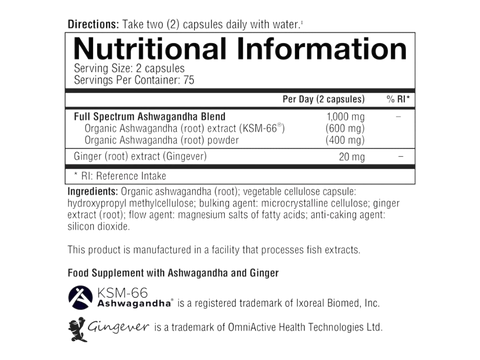 Nutritional information label for a supplement with Ashwagandha and Ginger.