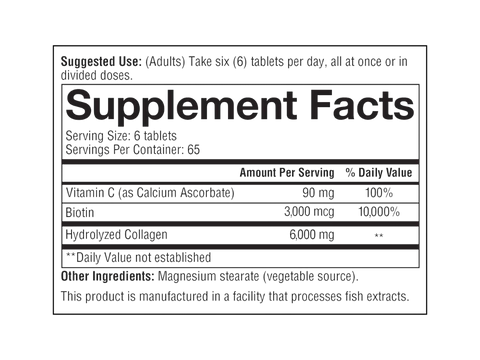 Youtheory Collagen + Biotin – 390 Tablets supplement facts
