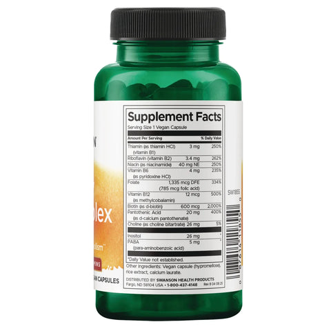 Swanson Daily B-Complex vitamin supplement capsules supplement facts ingredients & barcode label bottle 100 capsules